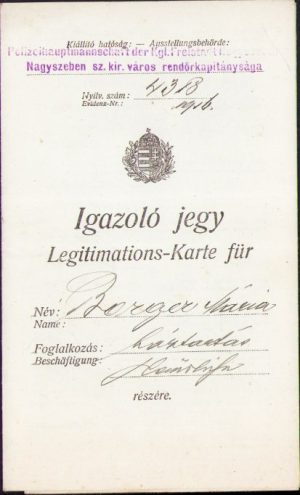Legitimație de identitate, 1916, Căpitănia poliției orașului liber regal Sibiu