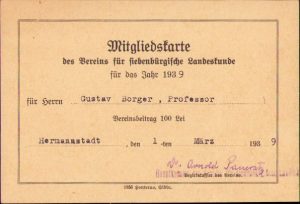 Carte de membru "Vereins für siebenbürgische Landeskunde", Sibiu, 1939