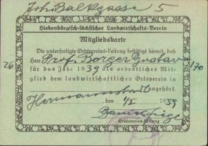 Carte de membru "Siebenbürgisch-sächsischer Landwirtschafts-Verein", Sibiu, 1939