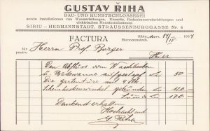 Factură cu antet firma de instalații Gustav Riha, Sibiu, 1934