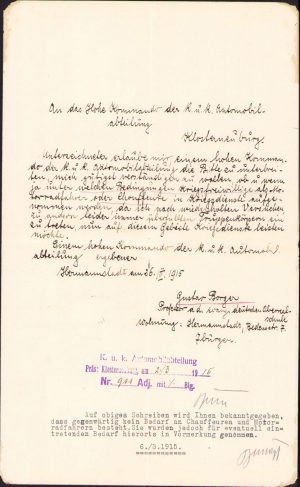 Cerere de înrolare voluntară în serviciul militar ca motociclist sau șofer, 1915, Sibiu, adresată Înaltului Comandament kuk Automobil-abteilung