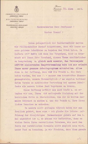 Scrisoare Jubileu Philharmonische Gesellschaft Brașov, 1928