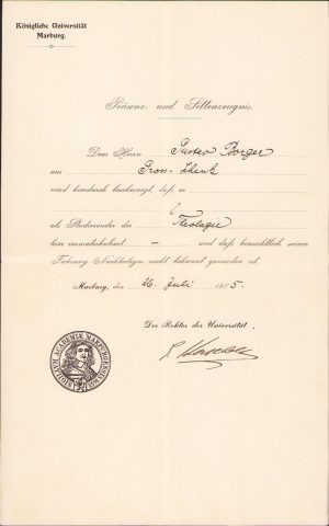 Certificat de student al viitorului profesor Gustav Borger al Liceului Brukenthal din Sibiu, 1905, Marburg