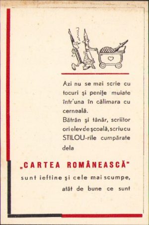 Reclamă interbelică la stilourile vândute de Editura "Cartea Românească"