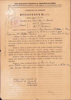 Decizie de acordare a pensiei de urmaș pentru părinții sublocotenentului Traian Ștef din Divizia 20 Infanterie, dispărut pe frontul de est la data de 2 februarie 1943