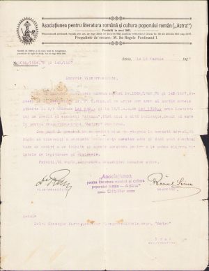 Semnătură olografă Octavian Rusu vicepreședinte ASTRA, 1927, Sibiu, pe act cu antet ASTRA