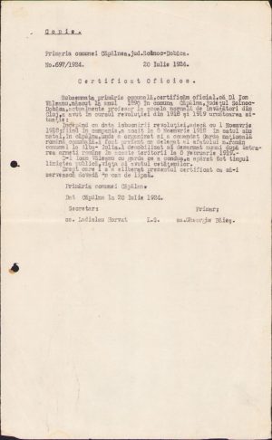 Copie de epocă, certificat oficios privitor la activitatea din anul 1918 din preajma Marii Uniri, 1924, Căpâlna, județul Sălaj