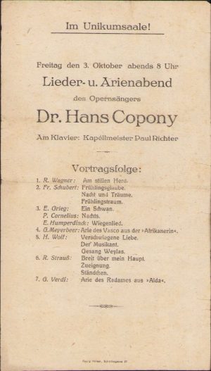 Afiș concert Brașov, Hans Copony și Paul Richter, anii 1910