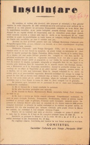 Reclamă Societatea Culturală prin Voiaje Navigația Utilă din Galați, 1926