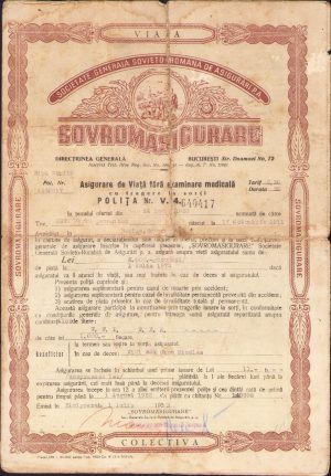 Poliță de viață 1953 SOVROM Asigurare. Cu uzură!
