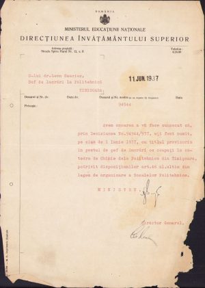 Numire șef de lucrări la Politehnica din Timișoara, 1937. Cu defect!
