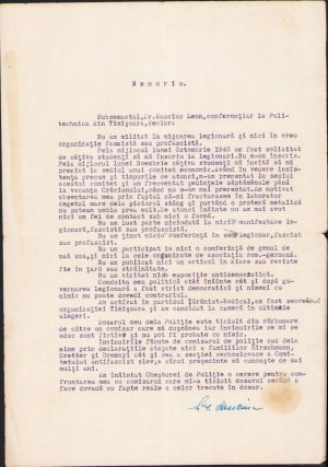 Memoriu adresat către Chestura de Poliție Timișoara de profesorul universitar Leon Sauciuc de la Politehnica din Timișoara