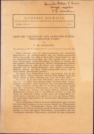 Semnătură olografă I Gr Mihăilescu, 1942, Über der Alkalinität der Asche von Blüten verschiedener Farbe