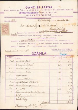 Factură cu antet Ganz és Tarsa, 1940, Târgu Secuiesc, Societate pe acțiuni Electricitate, fabrică de mașini, vagoane și nave
