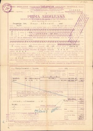 Poliță de asigurare "Prima Ardeleană" din Cluj, filiala Arad, 1937