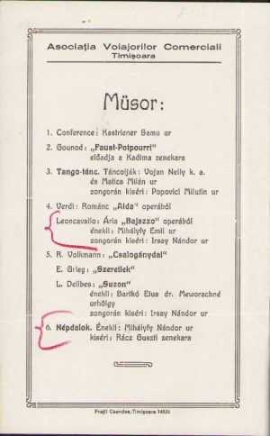 Programul conferinței lui Kastriener Samu (Samuel) organizată în cadrul Asociației Voiajorilor Comerciali Timișoara, urmată de program artistic, anii 1930