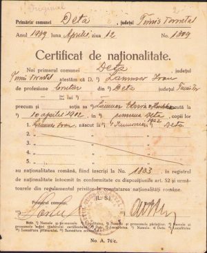 Certificat de naționalitate, 1939, Deta