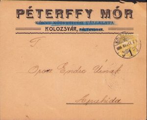 Plic cu antet Péterffy Mór Könyv közvetitési vállalata Kolozsvár, 1906, Cluj