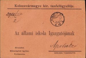 Plic cu antet Kolozsvarmegye kiraly tanfelugyeloje