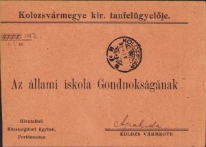 Plic cu antet Kolozsvarmegye kiraly tanfelugyeloje, 1912