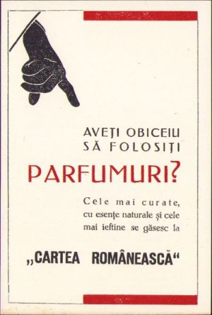 Reclamă interbelică la parfum comercializat prin editura "Cartea Românească"