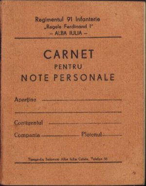 Carnet pentru note personale, în alb, Regimentul 91 Infanterie "Regele Ferdinand I" Alba Iulia, perioada interbelică