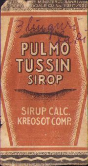 Etichetă românească pentru sirop de tuse "Pulmo Tussin", anii 1930