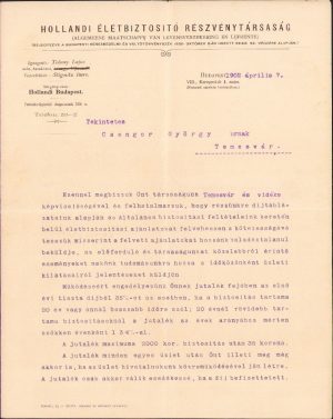 Numirea în funcția de reprezentant pentru Timișoara și împrejurimi al Societății de asigurări olandeze de viață S.A., 1902, în persoana lui Csongor György din Timișoara
