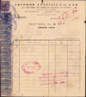 Factură "La vulturul de mare cu peștele în gheare", 1943, București
