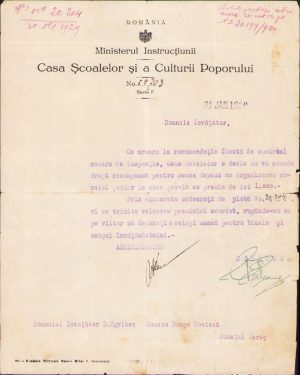 Recompensă în bani, premiu pentru învățătorul Dimitrie Zgriban pentru înființarea corului școlar din Bocșa Montană, județul Caraș