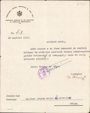 Detașare medic la Sarmisegetuza Densuș, 1939
