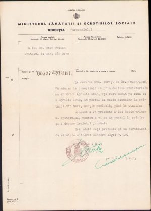Numire în post medic la Deva, 1940