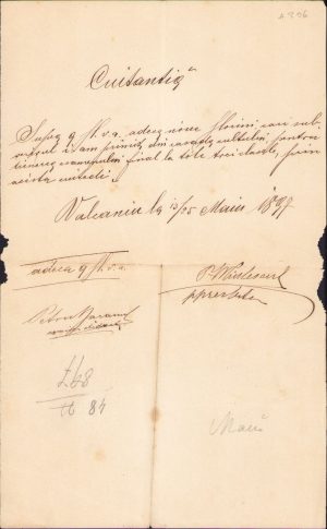 Chitanță olografă, 1897, pentru salariul învățătorului, plătit din cutia bisericii, Vălcani, județul Timiș