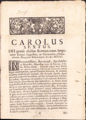 Rescriptul imperial din 1 iulie 1727 privitor la o organizare administrativă mai bună a teritoriului. Dat de Carol al VI-lea al Sfântului Imperiu Roman de Națiune Germană la Viena
