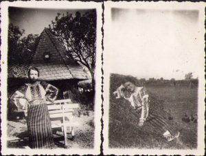 Lot de 2 poze cu femeie în port popular românesc, 1937, Simileasca, județul Buzău