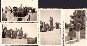 Lot de 4 fotografii, ceremonial la monumentul eroilor din Blandiana, județul Alba, post 1935 (data ridicării monumentului). Cu pălărie, învățătoarea Ana Huzu; preot cel mai probabil fiind Iacob Stanca