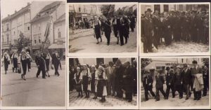 Lot de cinci fotografii de la o mare manifestație a Reuniunii culturale naționale a meseriașilor români din Sibiu ținută la Sibiu în anii 1930. În imagini apare steagul Reuniunii, sfințit în anul 1926