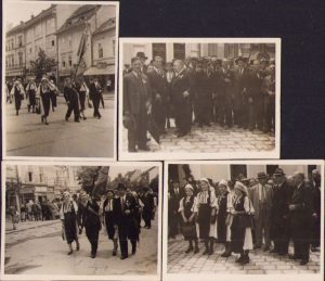 Lot de patru fotografii de la o mare manifestație a Reuniunii culturale naționale a meseriașilor români din Sibiu ținută la Sibiu în anii 1930. În imagini apare steagul Reuniunii, sfințit în anul 1926