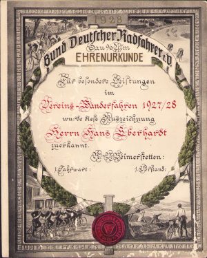 Diplomă, 1928, Bund Deutscher Radfahrer e V, Germania
