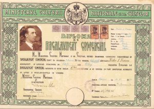 Diplomă de bacalaureat comercial, absolvent al liceului comercial de băieți din Blaj, eliberată la Brașov, 1944