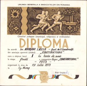 Diplomă UGSR, 1973, Cupa Constructorul Târgu Mureș