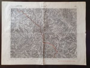 Harta maghiară Cârlibaba, cu granița retrasată din 1940 (marcată cu linie roșie) în urma cedării Ardealului de Nord-Vest, tipărită pe ambele fețe