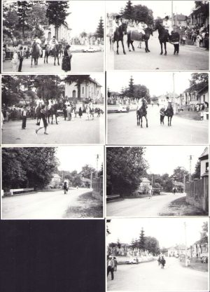 Lot de 7 poze cu țărani români călare, în port popular, Bucium, 1987