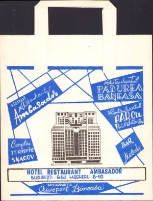 Pungă din hârtie cu reclamă Hotel restaurant Ambasador București, perioada comunistă