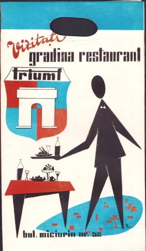 Pungă din hârtie cu reclamă la grădina și restaurantul "Triumf" și Casa de comenzi "Unic" din București, perioada comunistă
