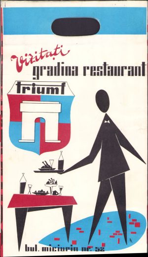 Pungă din hârtie cu reclamă la grădina și restaurantul "Triumf" și Casa de comenzi "Unic" din București, perioada comunistă