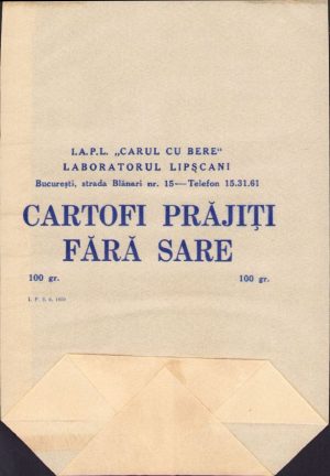 Pungă din hârtie I.A.P.L. "Carul cu bere", Laboratorul Lipscani, pentru cartofi prăjiți fără sare 100 gr., perioada comunistă