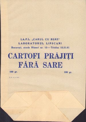 Pungă din hârtie I.A.P.L. "Carul cu bere", Laboratorul Lipscani, pentru cartofi prăjiți fără sare 100 gr., perioada comunistă