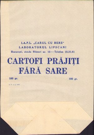 Pungă din hârtie I.A.P.L. "Carul cu bere", Laboratorul Lipscani, pentru cartofi prăjiți fără sare 100 gr., perioada comunistă