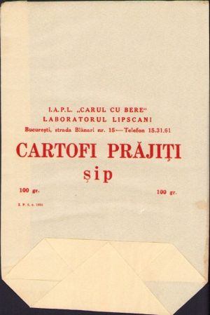 Pungă din hârtie I.A.P.L. "Carul cu bere", Laboratorul Lipscani, pentru cartofi prăjiți șip 100 gr., perioada comunistă
